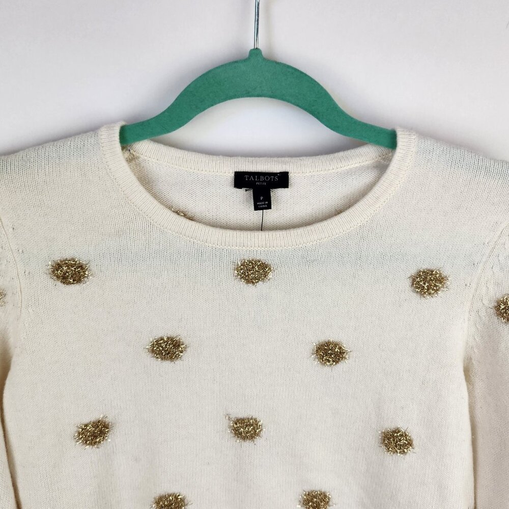 NWT Talbots Metallic Tinsel Polka Dot Wool Blend Crewneck Sweater XS Petite - Picture 3 of 9